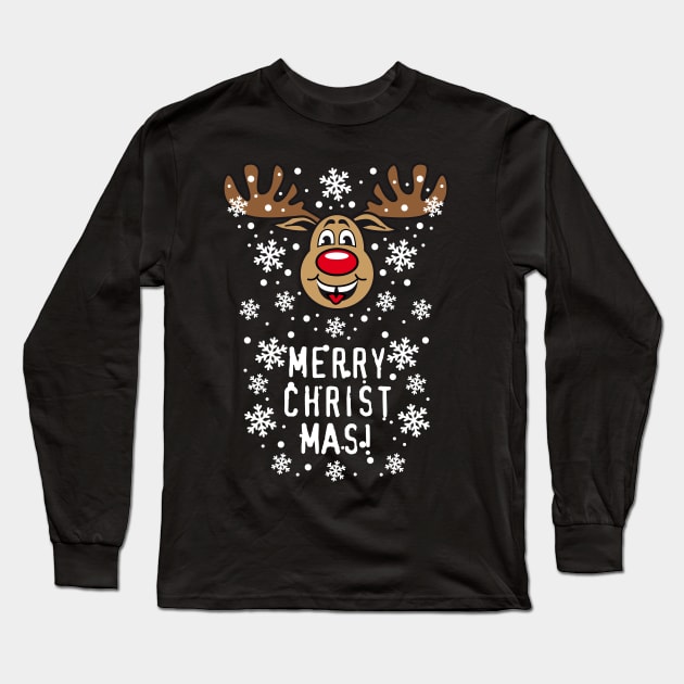 54 Deer Reindeer Rudolph Merry Christmas Funny Long Sleeve T-Shirt by Margarita7